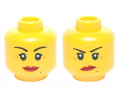 Minifigure, Head Dual Sided Female Black Thin Eyebrows, Single Eyelashes, Beauty Mark, Red Lips, Medium Nougat Wrinkles, Grin / Angry Lopsided Frown with Dimples Pattern