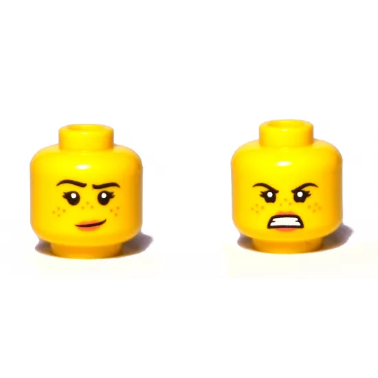 Minifigure, Head Dual Sided Female, Freckles, Pink Lips, Raised Right Eyebrow, Smile / Angry Pattern