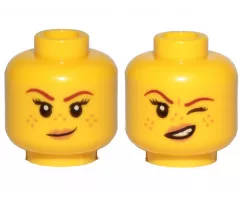 Minifigure, Head Dual Sided Female Reddish Brown Eyebrows, Nougat Freckles and Lips, Small Smirk / Left Eye Squinted Pattern