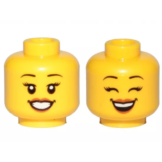 Minifigure, Head Dual Sided Female Black Eyebrows, Eyelashes, Medium Nougat Lips, Smile, Teeth, Open Eyes / Closed Eyes Pattern