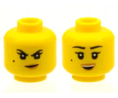 Minifigure, Head Dual Sided Female Black Eyebrows, Single Eyelashes, and Beauty Mark, Nougat Lips, Smirk with Dimple / Open Mouth Smile with Top Teeth Pattern