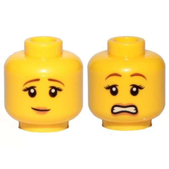 Minifigure, Head Dual Sided Female Reddish Brown Eyebrows, Black Eyelashes, Nougat Lips, Slight Grin / Scared Open Mouth with Teeth Pattern