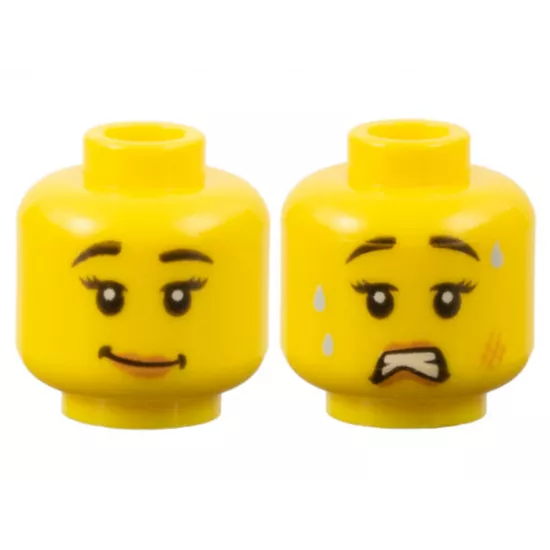 Minifigure, Head Dual Sided Female Black Eyebrows, Eyelashes, Medium Nougat Lips, Lopsided Grin / Scared Open Mouth with Teeth, Sweat, and Scuff Mark Pattern