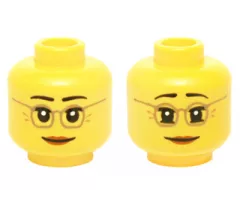 Minifigure, Head Dual Sided Female Dark Tan Glasses, Laugh Lines, Dark Orange Lips, Neutral / Raised Eyebrows Amused Pattern