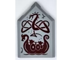 Tile, Modified 2 x 3 Pentagonal with Dark Red Dragon and Viking Ship Pattern