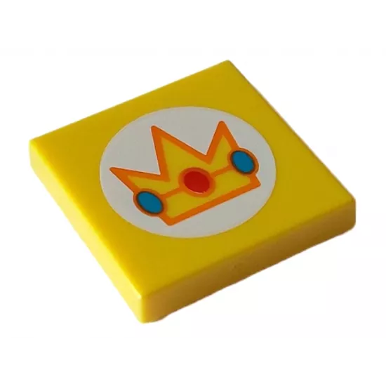 Tile 2 x 2 with Crown with Red and Dark Turquoise Jewels and Orange Edges in White Circle Pattern