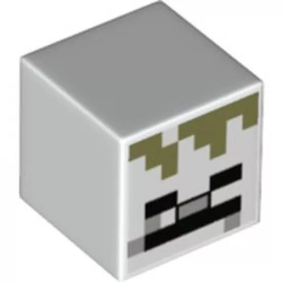 Minifigure, Head, Modified Cube with Pixelated Black Eyes, Light Bluish Gray Nose, Black Mouth, and Olive Green Hair Pattern (Minecraft Skeleton)