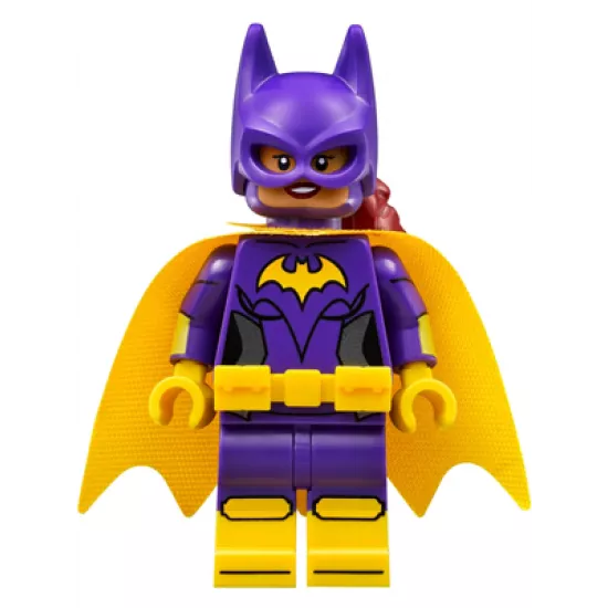 Batgirl - Minifigure, Dark Purple Suit, Yellow Cape, Open Mouth Smile / Concerned