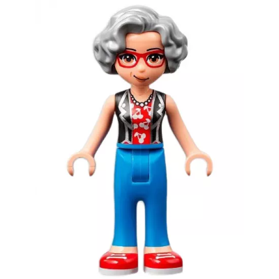 Friends Dottie, Blue Trousers with Red Shoes, Black Vest over Red Shirt with Cherries