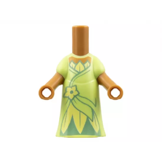 Micro Doll, Body with Molded Yellowish Green Dress and Printed Bright Light Yellow Flower and Leaves, Metallic Light Blue Gathers, Medium Nougat Neck Pattern