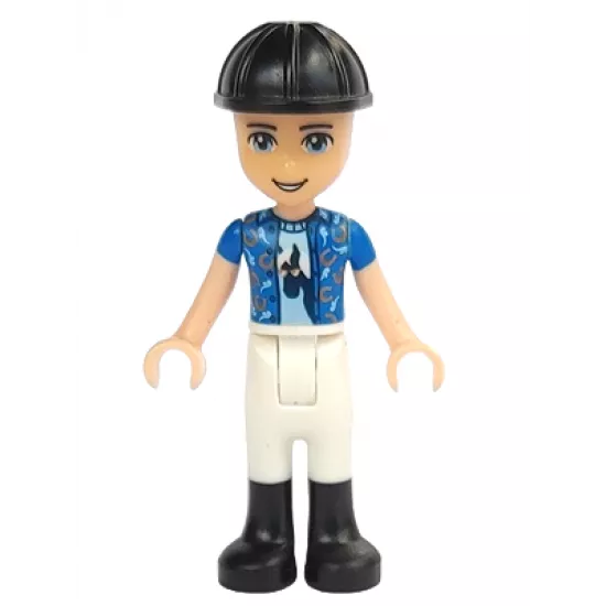 Friends Zack, White Riding Pants, Blue Shirt over Medium Blue T-Shirt, Black Construction Helmet