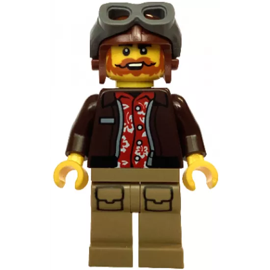 City Jungle Pilot - Male, Dark Brown Jacket over Red Hawaiian Shirt, Dark Tan Legs with Pockets, Reddish Brown Aviator Cap, Dark Bluish Gray Goggles, Beard