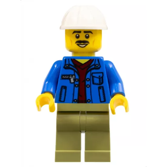 Truck Driver - Blue Jacket over Dark Red V-Neck Sweater, Olive Green Legs, White Construction Helmet