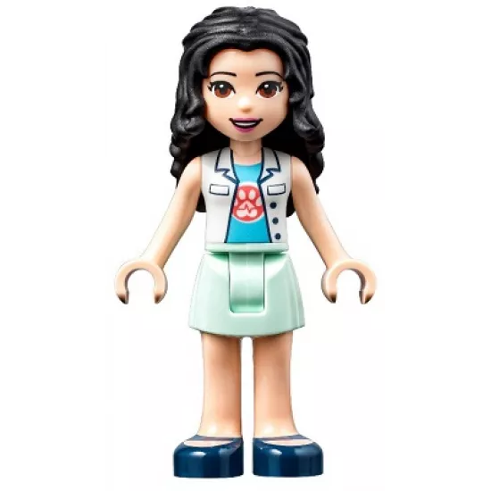 Friends Emma, White Top with Paw Print Undershirt, Light Aqua Skirt, Dark Blue Shoes with Straps, Dark Purple Bow