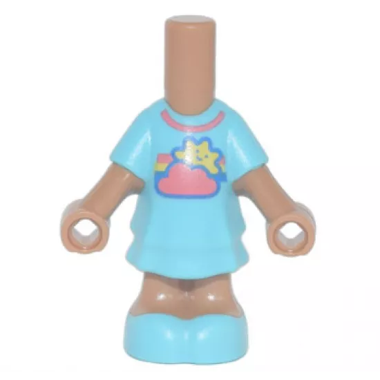 Micro Doll, Body with Molded Medium Azure Short Layered Dress and Shoes and Printed Coral Cloud and Collar, Yellow Sun with Face, and Rainbow Pattern