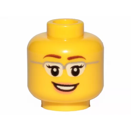 Minifigure, Head Female Glasses with Silver Frames, Reddish Brown Eyebrows, Eyelashes, Nougat Lips, Open Mouth Smile with Teeth Pattern