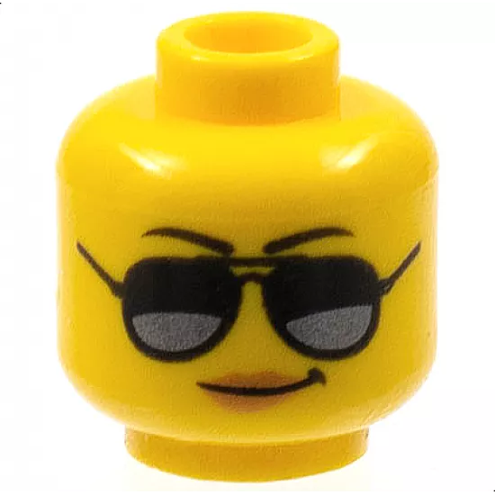 Minifigure, Head Female Black Eyebrows, Sunglasses with Dark Silver Reflections, Medium Nougat Lips, Smirk Pattern