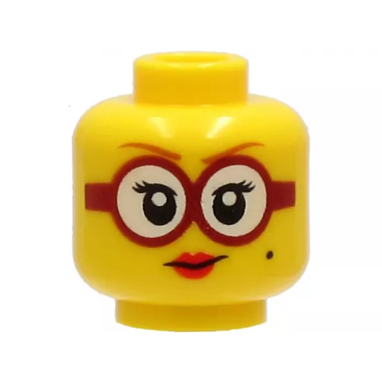 Minifigure, Head Female Dark Orange Eyebrows, Glasses Round with White Lenses and Dark Red Frames, Beauty Mark, Red Lips, Smile Pattern