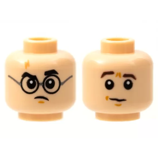 Minifigure, Head Dual Sided, Medium Nougat Scar, Black Eyebrows and Glasses / Dark Brown Eyebrows Right Raised Pattern