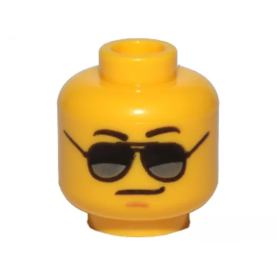 Minifigure, Head Glasses with Black and Silver Sunglasses, Medium Nougat Chin Dimple, Smirk Pattern