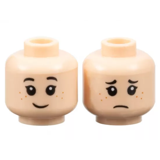 Minifigure, Head Dual Sided Child Female Black Eyebrows, Eyelashes, Dark Orange Freckles, Grin / Sad Frown Pattern