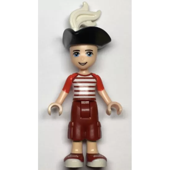 Friends Zack, Dark Red Cropped Trousers Large Pockets, Red and White Striped Shirt, Pirate Tricorne Hat, White Plume