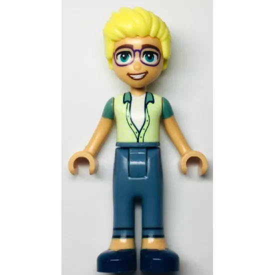 Friends Olly - Yellowish Green and Sand Green Unbuttoned Shirt, Sand Blue Trousers, Dark Blue Shoes