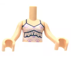 Torso Mini Doll Girl White Tank Top with Ruffle, Lavender Paw Prints Pattern, Light Nougat Arms with Hands