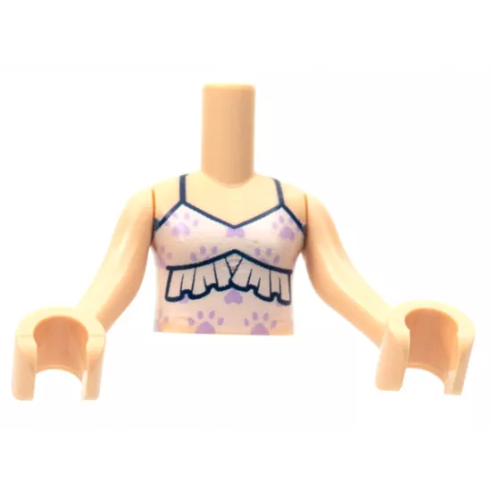 Torso Mini Doll Girl White Tank Top with Ruffle, Lavender Paw Prints Pattern, Light Nougat Arms with Hands