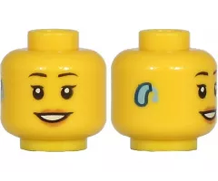 Minifigure, Head Female Black Thin Eyebrows, Single Eyelashes, Medium Nougat Lips, Bright Light Blue Hearing Aid on Right, Open Mouth Smile with Teeth Pattern