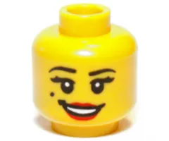 Minifigure, Head Female Black Eyebrows, Double Eyelashes, Beauty Mark, Red Lips, Open Mouth Smile with Teeth and Dimple Pattern