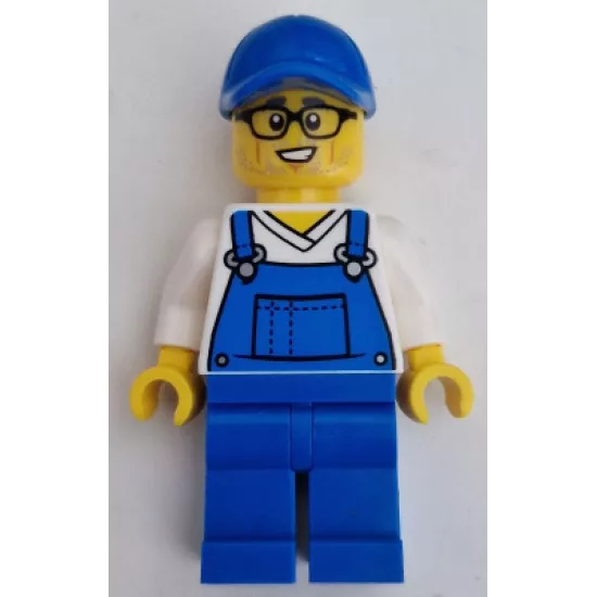 Car Cleaner - Male, Blue Overalls over V-Neck Shirt, Blue Legs, Blue Cap, Glasses, Stubble