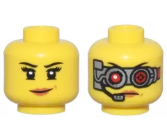 Minifigure, Head Dual Sided Female Black Eyebrows, Eyelashes, Lopsided Grin with Dark Orange Lips / Silver Mechanical Goggles with Red Lenses and Headset Pattern