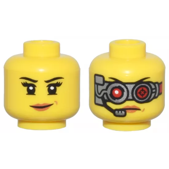 Minifigure, Head Dual Sided Female Black Eyebrows, Eyelashes, Lopsided Grin with Dark Orange Lips / Silver Mechanical Goggles with Red Lenses and Headset Pattern