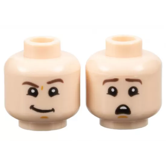 Minifigure, Head Dual Sided Dark Brown Eyebrows, Medium Nougat Chin Dimple, Lopsided Grin with Raised Left Eyebrow / Scared Open Mouth with Top Teeth Pattern