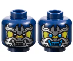 Minifigure, Head Dual Sided Yellow Face, Silver Samurai Mask, Black Eyes / Dark Azure Eyes and Teeth Pattern
