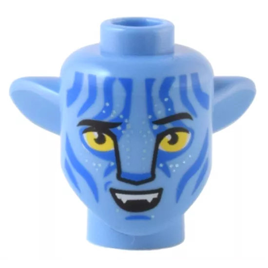 Minifigure, Head, Modified Alien Na'vi with Yellow Eyes, Blue Face Markings and Open Mouth Smile with Fangs Pattern