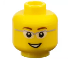 Minifigure, Head Reddish Brown Eyebrows, Glasses with Light Bluish Gray Frame and White Lenses, Open Mouth Smile with Teeth Pattern