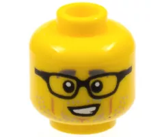 Minifigure, Head Gray Eyebrows and Stubble, Medium Nougat Cheek Lines and Chin Dimple, Black Glasses Pattern