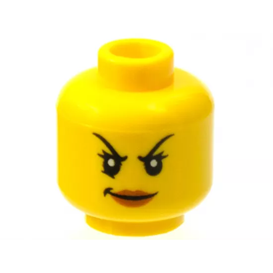 Minifigure, Head Female Black Arched Thin Eyebrows, Eyelashes, Dark Orange Lips, Evil Smirk Pattern