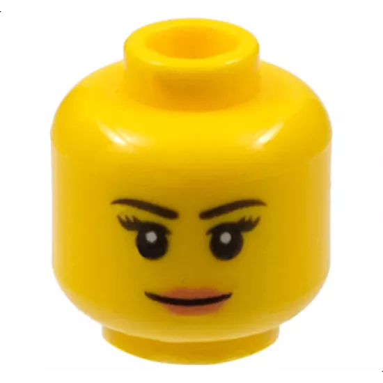 Minifigure, Head Female Black Thin Eyebrows, Eyelashes, Nougat Lips, Grin Pattern