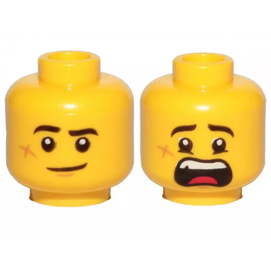 Minifigure, Head Dual Sided Black Eyebrows, Cheek Scar, Lopsided Smile / Scared Pattern