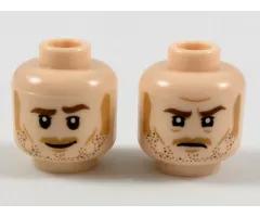 Minifigure, Head Dual Sided Reddish Brown Eyebrows and Stubble, Medium Nougat Sideburns, Moustache, Cheek Lines, and Chin Dimple, Grin / Determined Pattern