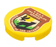 Tile, Round 2 x 2 with Bottom Stud Holder with Reddish Brown Shield, Black Wolf, Bird, 'U.S. FISH & WILDLIFE SERVICE DEPARTMENT OF THE INTERIOR' Pattern