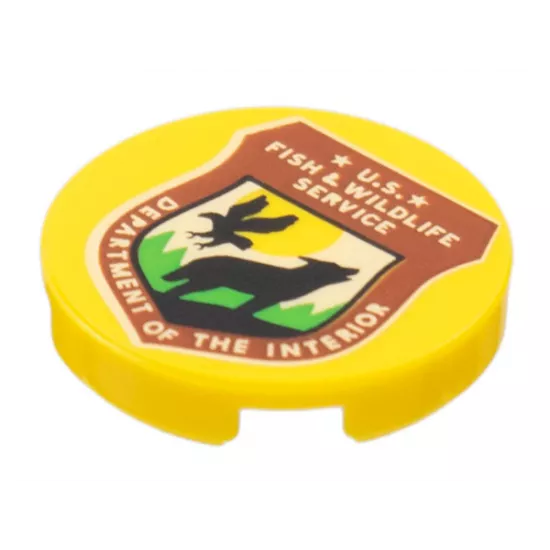 Tile, Round 2 x 2 with Bottom Stud Holder with Reddish Brown Shield, Black Wolf, Bird, 'U.S. FISH & WILDLIFE SERVICE DEPARTMENT OF THE INTERIOR' Pattern