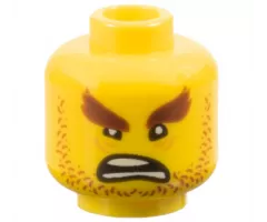 Minifigure, Head Reddish Brown Bushy Eyebrows and Stubble, Wrinkles, Angry Open Mouth Scowl with Teeth Parted Pattern