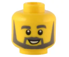 Minifigure, Head Dark Bluish Gray Thick Eyebrows, Angular Beard and Thin Pointed Sideburns, Open Mouth Smile with White Teeth Pattern