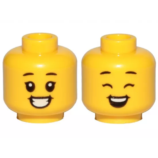 Minifigure, Head Dual Sided Child Black Eyebrows, Big Smile, Teeth, Open Eyes / Closed Eyes Pattern