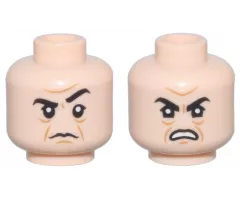 Minifigure, Head Dual Sided Black Eyebrows, Upper Eyelids, Medium Nougat Jowl Lines, Chin Dimple and Wrinkles, Furrowed Brow, Stern with Raised Eyebrow Left / Angry Open Mouth Scowl with Teeth Pattern
