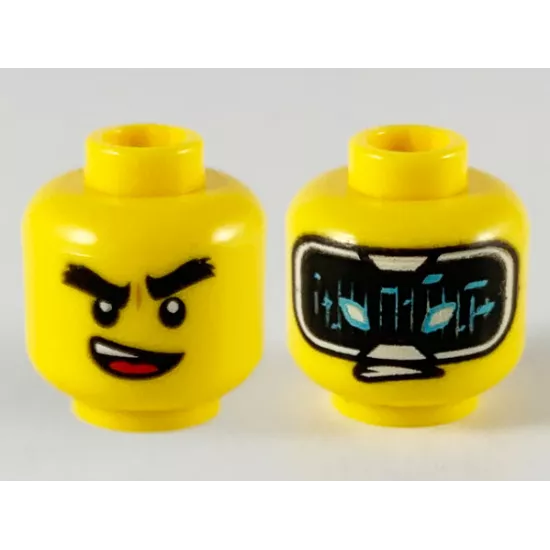 Minifigure, Head Dual Sided Thick Black Eyebrows, Lopsided Open Mouth / HUD with Black Screen, Medium Azure Highlights Pattern